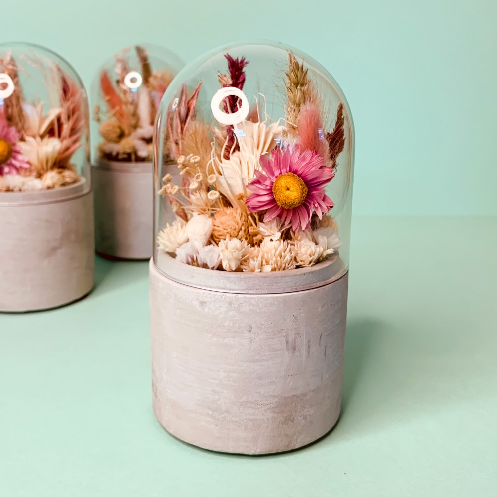 Cloche en verre et base en ciment contenant des fleurs séchées blanches, pêche et rose.