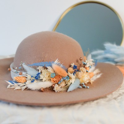 Ruban adaptable à tout chapeau en fleurs séchées bleu ciel et saumon