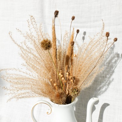 Bouquet de fleurs séchées et son vase chiné