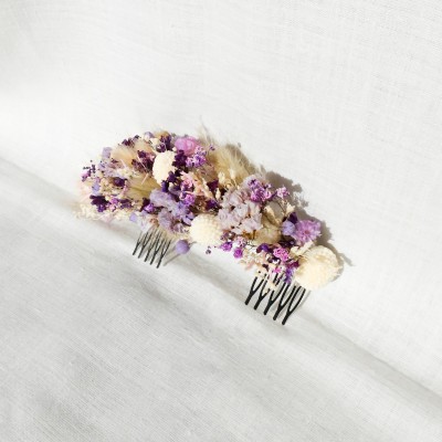 Double peigne en fleurs séchées et stabilisées. Violet