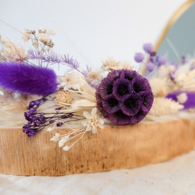 Ruban adaptable à tout chapeau en fleurs séchées blanches et violettes
