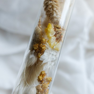 Tube en verre contenant des fleurs séchées blanc et jaune. Petit format.