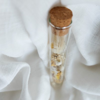 Tube en verre contenant des fleurs séchées blanc et jaune. Petit format.