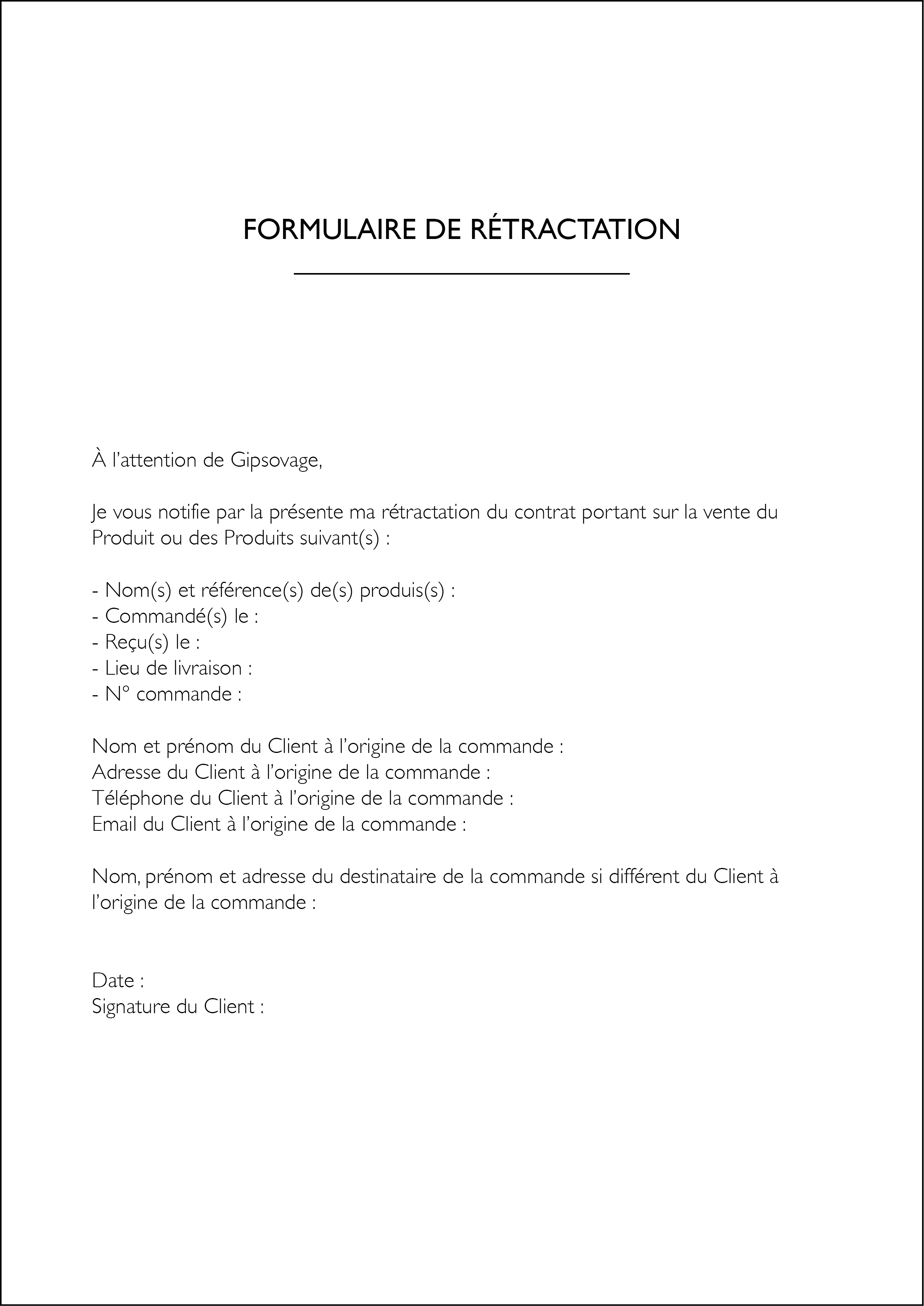 Formulaire de rétractation